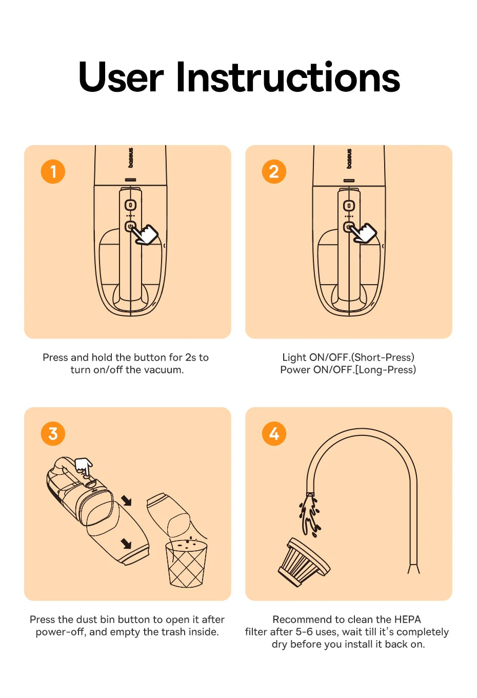 Baseus AP02 Cordless Car Vacuum with LED & Roller Brush